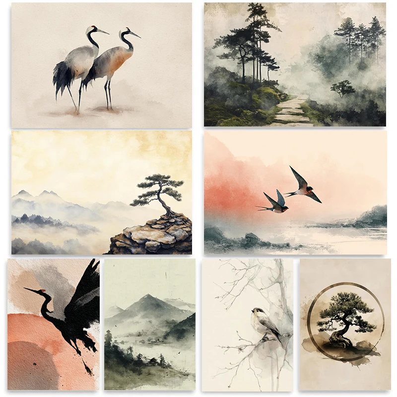 Japandi Bonsai Landscape Canvas Print Misty Mountain Zen Tree Wall Art Minimalist Crane Sumi E Ink Wash Abstract Calm Neutral