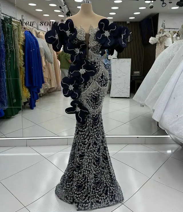 

Navy Blue 3D Flowers Off Shoulder Prom 2026 Dresses with Shimmering Crystals Beaded Sequins Maxi Evening Gowns Customized