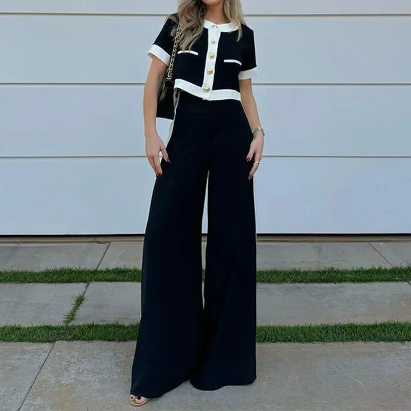 Elegant Slim 2 Piece Set Women O Neck Short Sleeve Patchwork Singe Breasted Button Top Loose Wide Leg Pants Suits Party Outfit