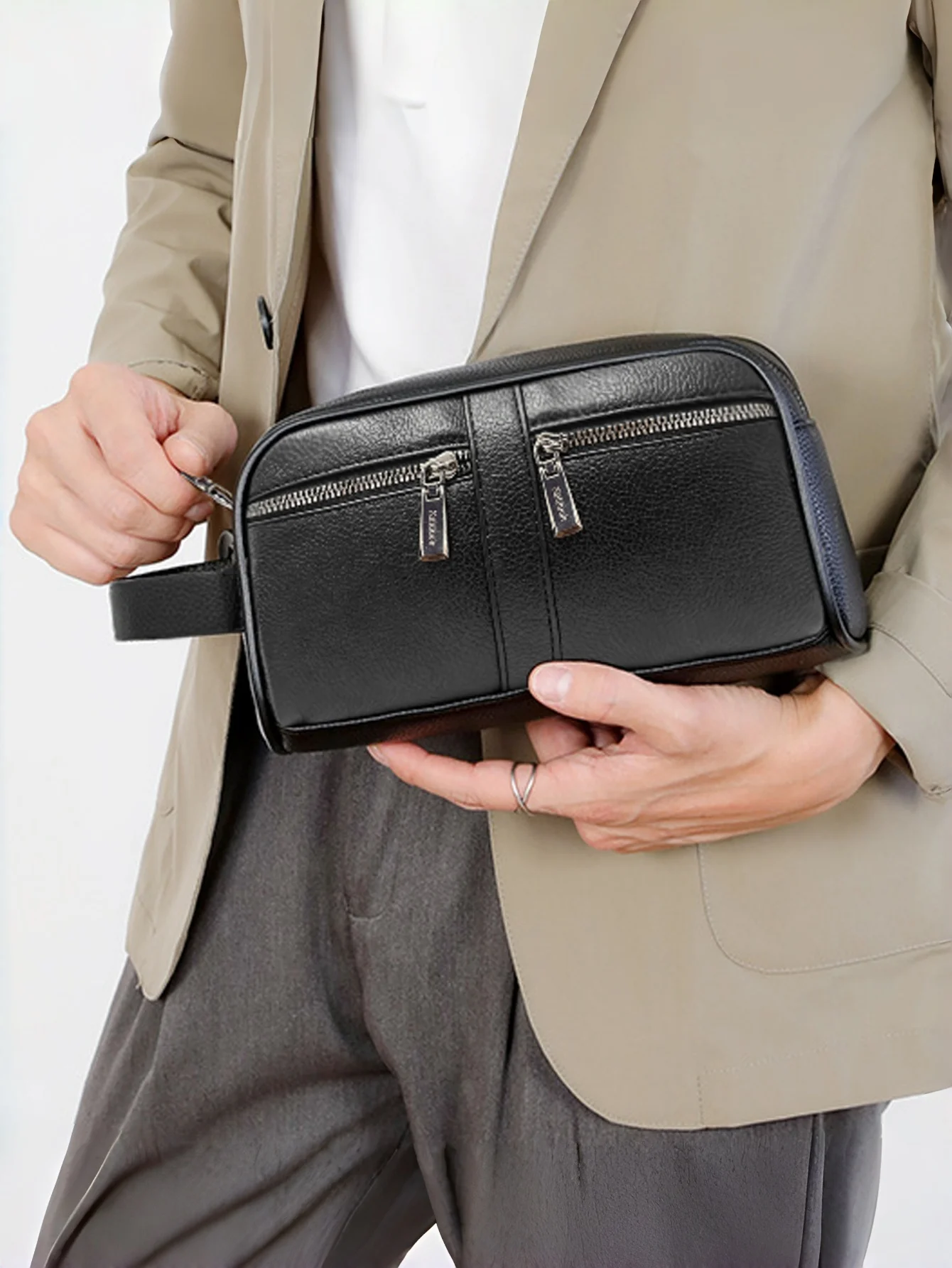 Men Double Zipper PU Leather Clutch Handbag, Large Capacity Travel Toiletry Dopp Kit with Wrist Handle