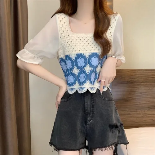 Women Crochet Knit Top with Chiffon Half Sleeve Square Neck Embroidery Floral Blouse Spring Summer Fairycore Outfit