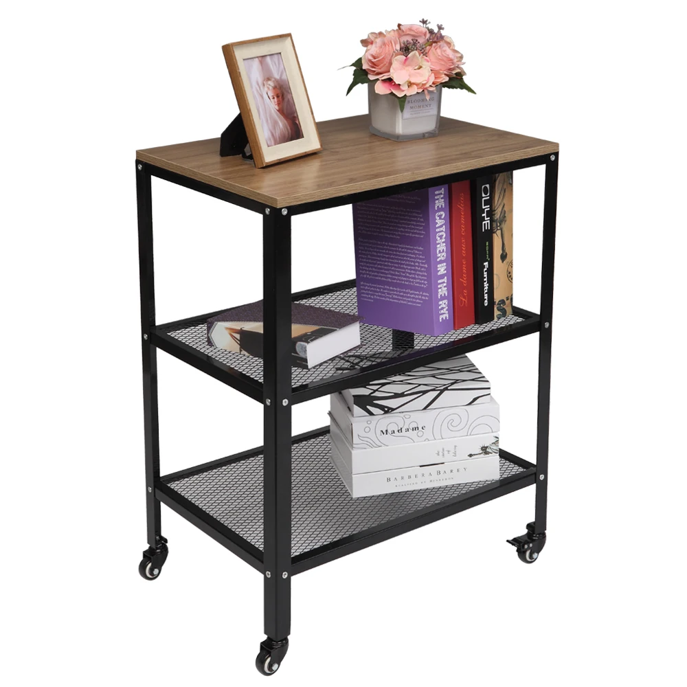 Portable 4 Wheels Sofa Side Table, 3-Tier Small Space End Table, Modern Nightstand, Storage Shelve for Living Room, Bedroom