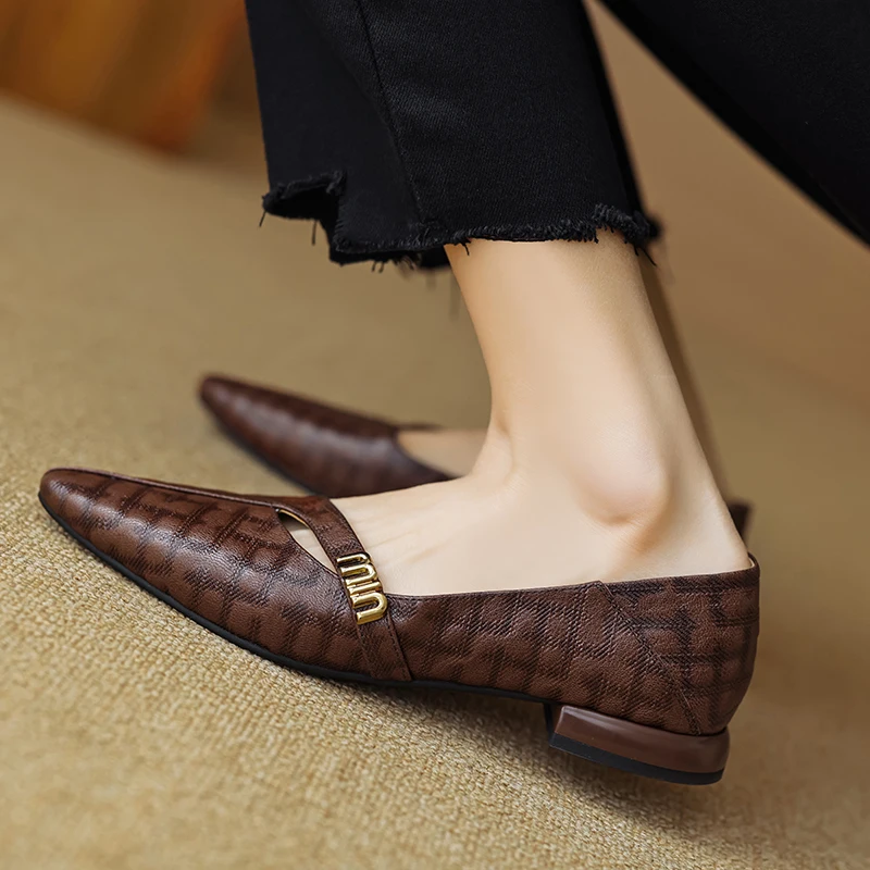 2024 new spring summer women pumps natural leather 22-24.5cm sheepskin+cowhide+pigskin full leather plaid buckle low heel shoes