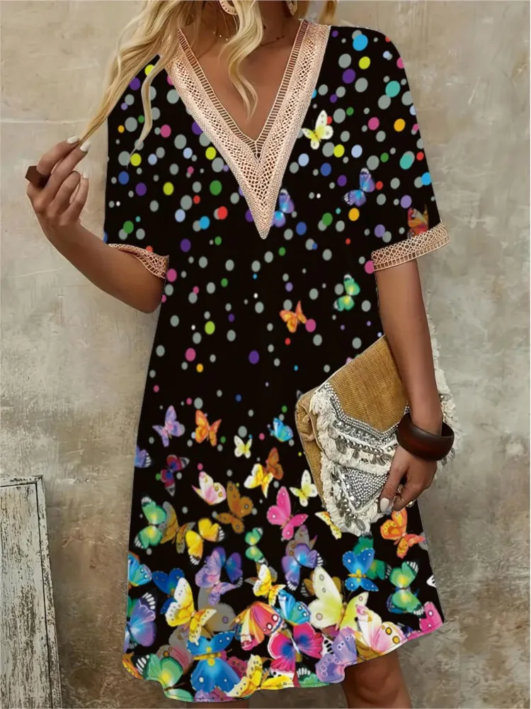 فستان نسائي جديد لربيع وصيف محبوك مطبوع مع دانتيل مثير بياقة على شكل حرف V فضفاض وأكمام قصيرة متوسط الطول #5