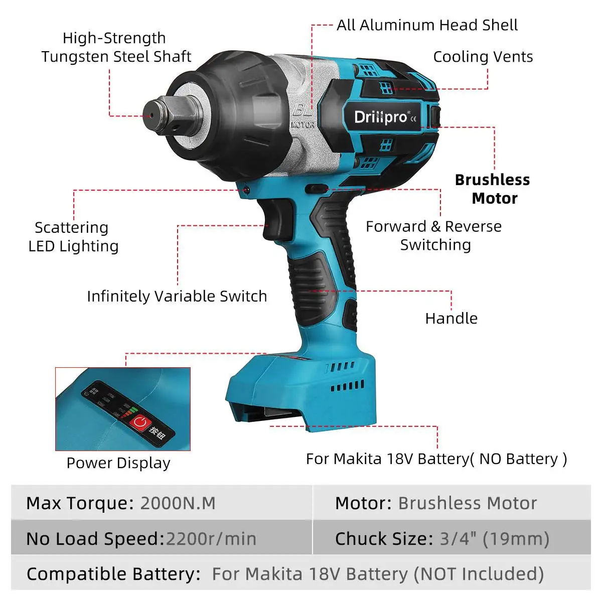 Imagem -03 - Ririllpro Igh Igh 200orque 2000m. m Brushless Leclectric Mpmpact Renrench Polegadas Ococket Renrench Ororless River Rio Ool Ool para 18 Akita 18 18 Tery Attery