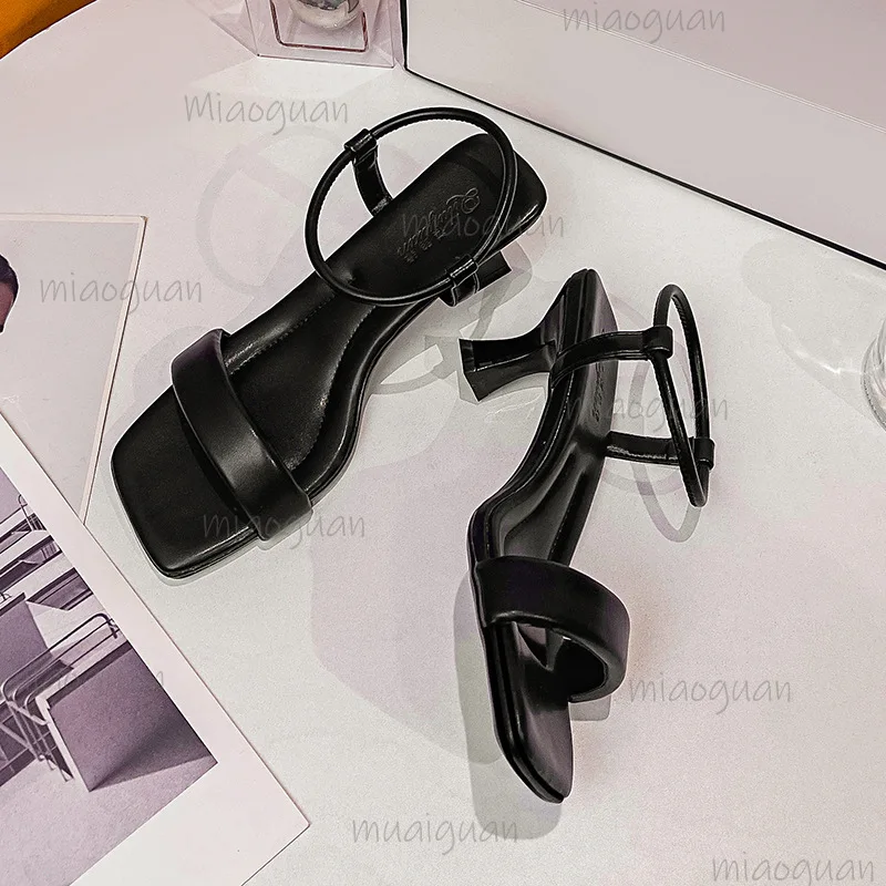 

New Summer Women's Sandals Leather Women Low Heels Shoes Square Toe Sandals for Ladies Fashion Chunky Heels Pumps High Heels