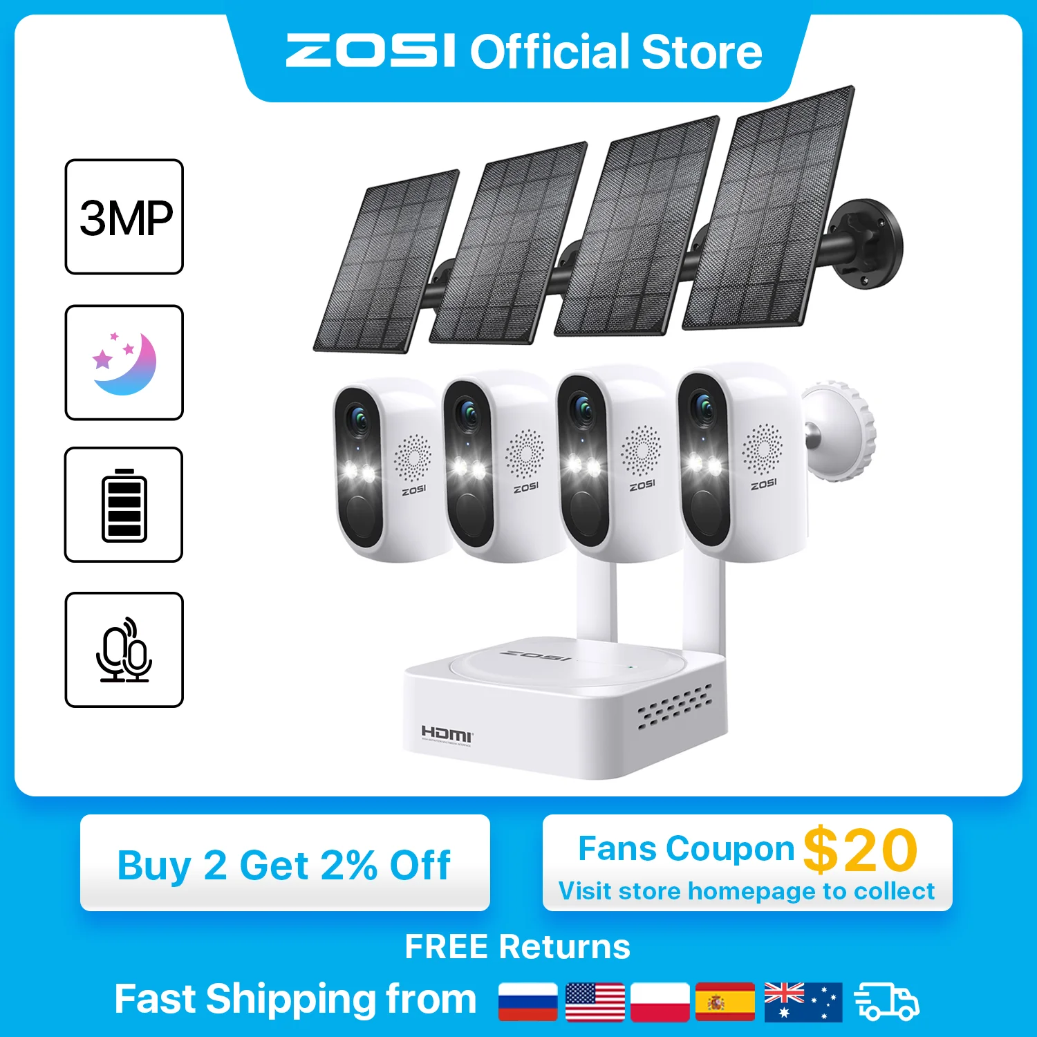 ZOSI 2K 8CH Battery Powered Wireless Security Camera System 3MP Wire-Free Outdoor Indoor Home Surveillance Cameras