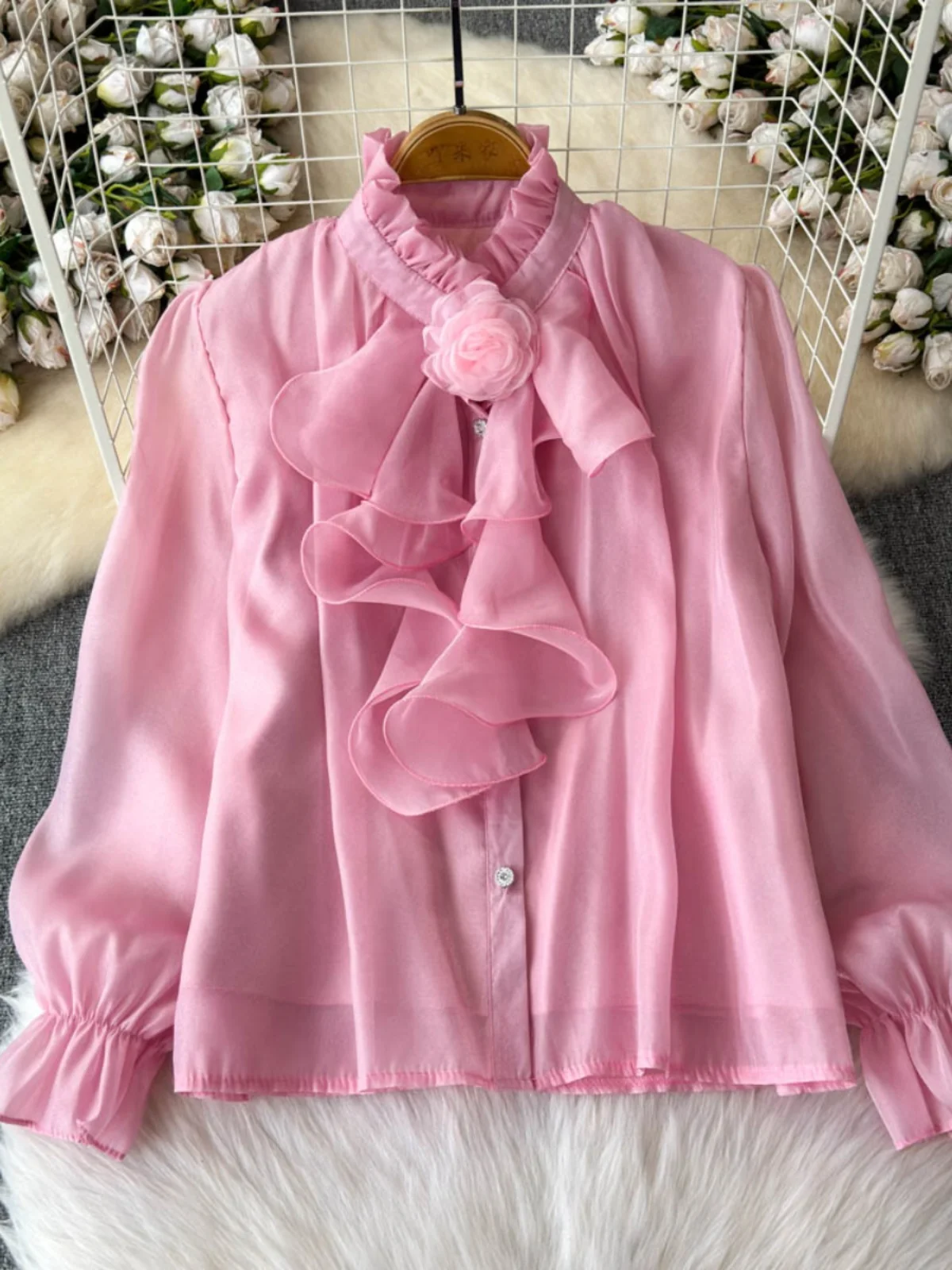 

Women's Autumn Winter Chiffon irt Stand Collar Bell Sve Slim Fit Versatile Design Gored Hem Commute Sle Korean Loose Fit