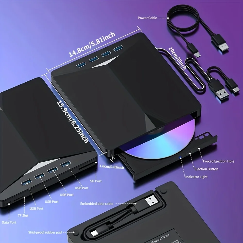 Deepartner Multifunction DVD Player High Speed Data Transfer 7-in-1 Optical Drive USB 3.0 Type-c External Portable CD/DVD Reader