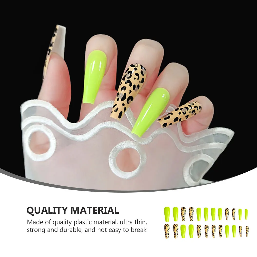 

24pcs Leopard Pattern Extra Long Fake Nails Fluorescent Yellow False Nail Art For Women Durable Ultra-Thin Diy Manicure Wedding