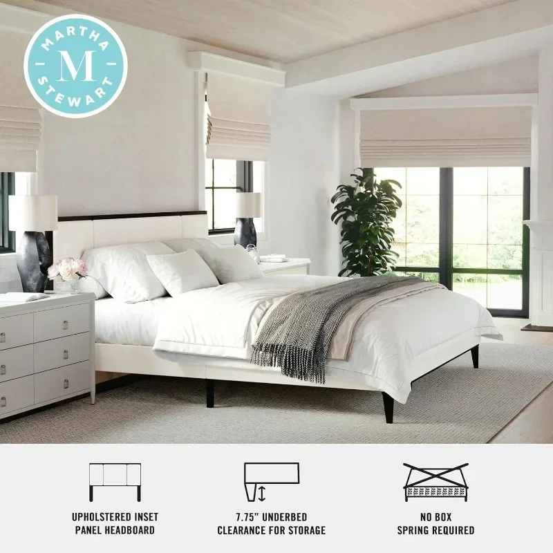 Platform Bed with Headboard, Fabric Upholstered Built-in Headboard and Base, Solid Wood Frame, No Box Spring Required