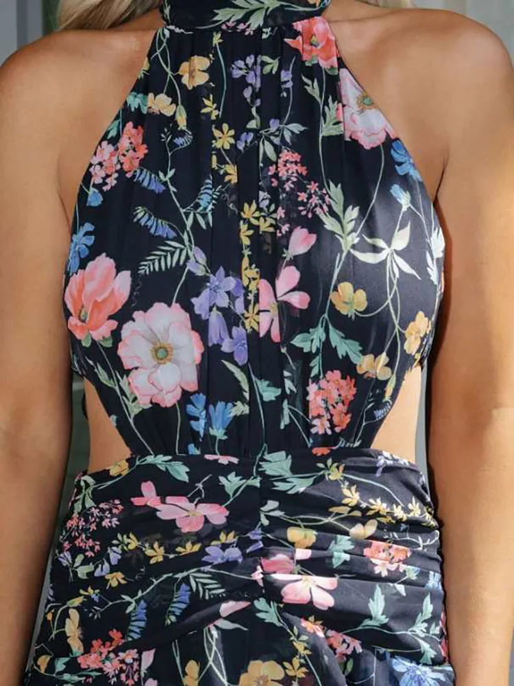 ヴィンテージ風花柄プリントハイウエストビーチドレス、レイヤードラッフルデザイン、ケーキロングドレス、セクシーなノースリーブ、ホローアウト、ボヘミアン風ドレス