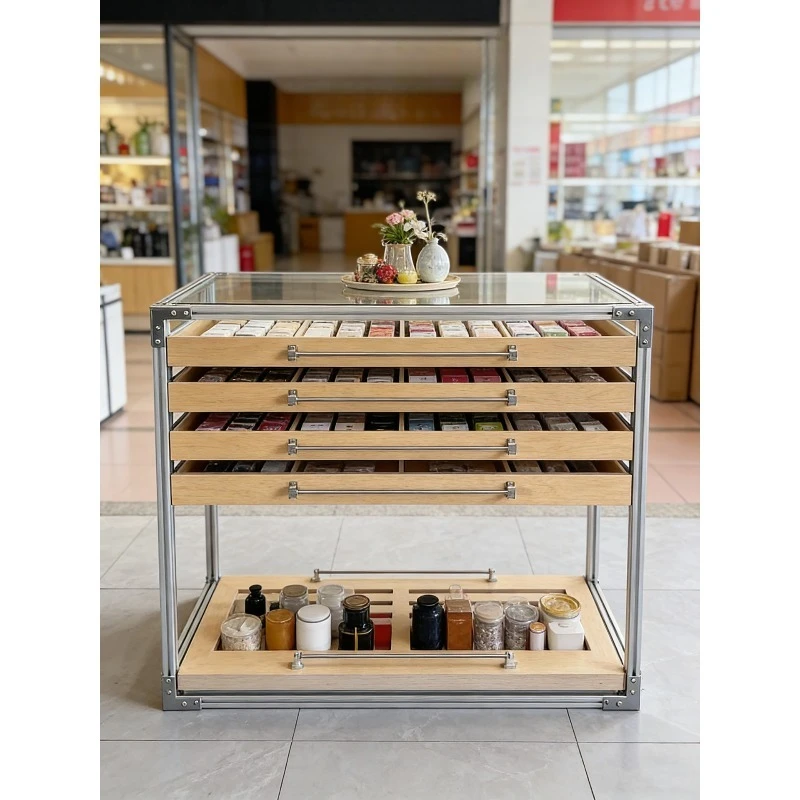 Aluminum profile wooden multi-layer drawer type storage chest cabinet ocean plate glass desktop storage cabinet