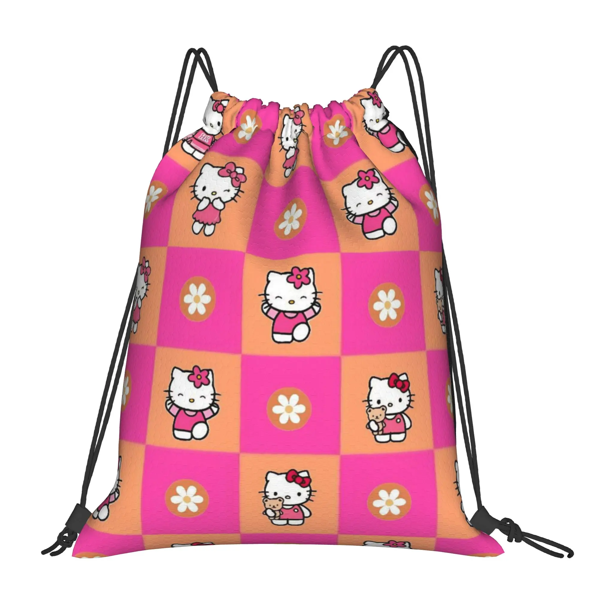 Pink Checkered Bag Drawstring Backpack Sports Gym Sackpack Water Resistant K-Kittys String Bags for Hiking 36cm (W) x 43cm (H)