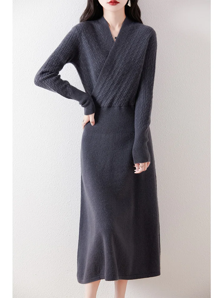 

Women's Pure Wool Knitted Dress, Chest Wrap, Cable Tie, V-Neck, Elegant, Casual, Commuting, Fashion, Sweater, 2024 Autumn/Winter