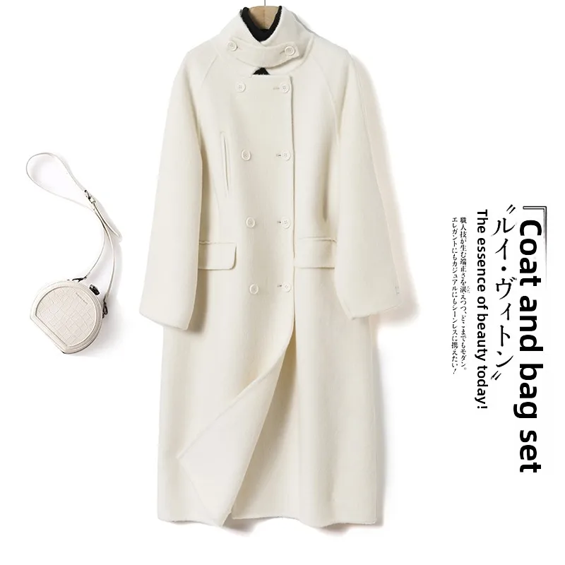 

Ele Hepburn Sle Double-breasted Chimney Collar Double-sided Woolen Coat Autumn Winter Outerwear Long Sve Ladies Coat