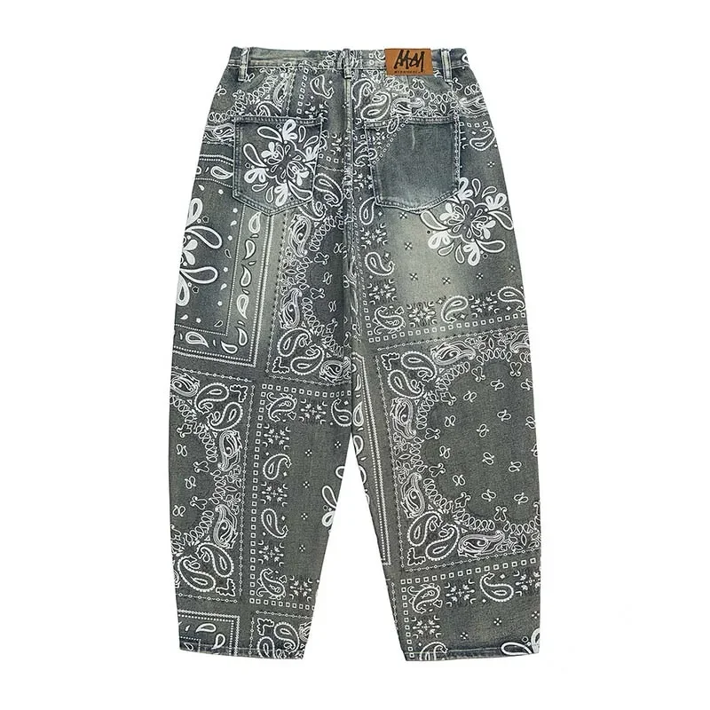 

Paisley Printed Baggy Jeans Pants Men Hip Hop Vintage Streetwear Denim Trousers Blue