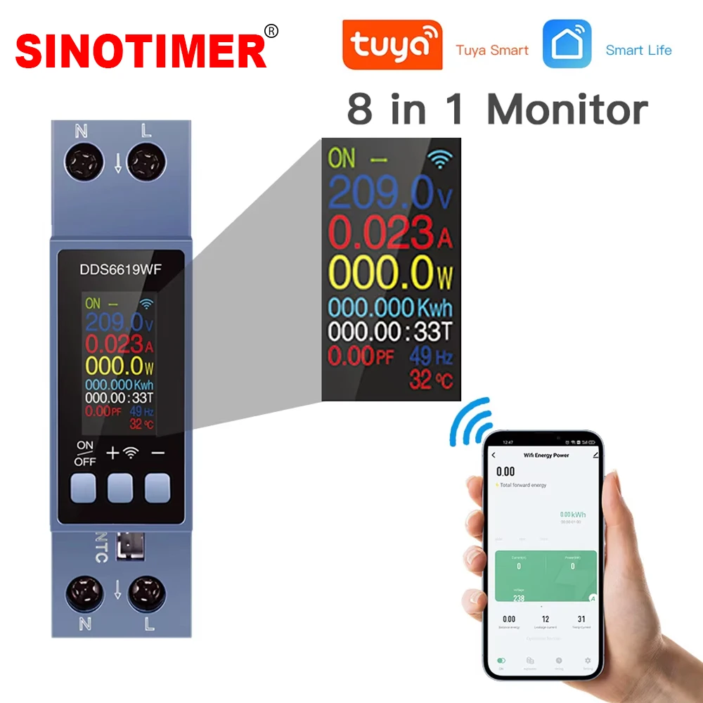 WiFi Tuya DIN Rail AC Voltmeter Smart Energy Meter Voltage/Current/Power/kWh/PF/Hz/Multi-Function  0.96 Inch 8 In 1 Power Meter