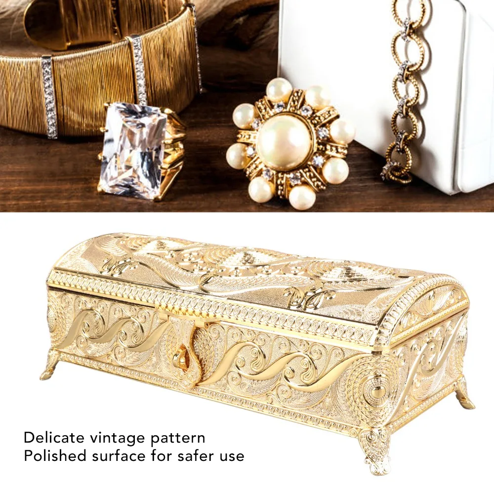 Elegant Alloy Vintage Jewelry Box Rectangular Soft Velvet Lining Keepsake Chest Silver Gold Treasure Storage Box Office Decor