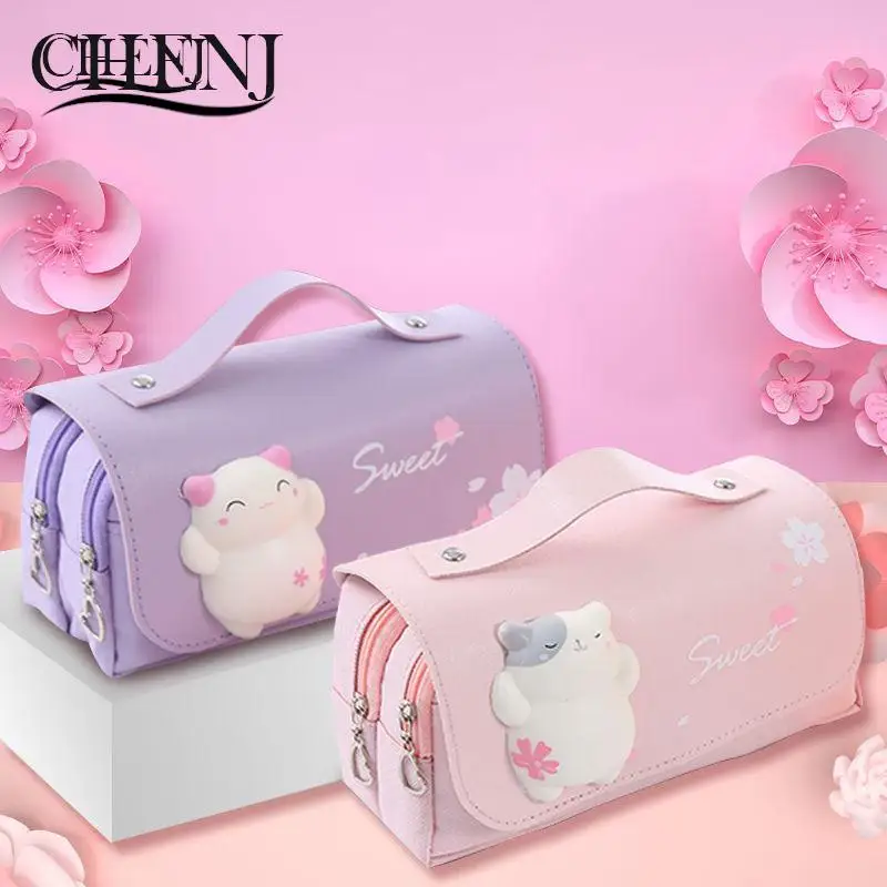 Cute Cat Decompression Pencil Case Big Pencil Box Portable Girl Pen Bag Double Layer School Pouch Kawaii Stationery Pencil Cases