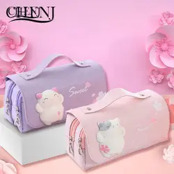 Estuche de lápices de descompresión de gato lindo, caja de lápices grande, bolsa de bolígrafo portátil para niña, Bolsa Escolar de doble capa, estuches de lápices de papelería Kawaii