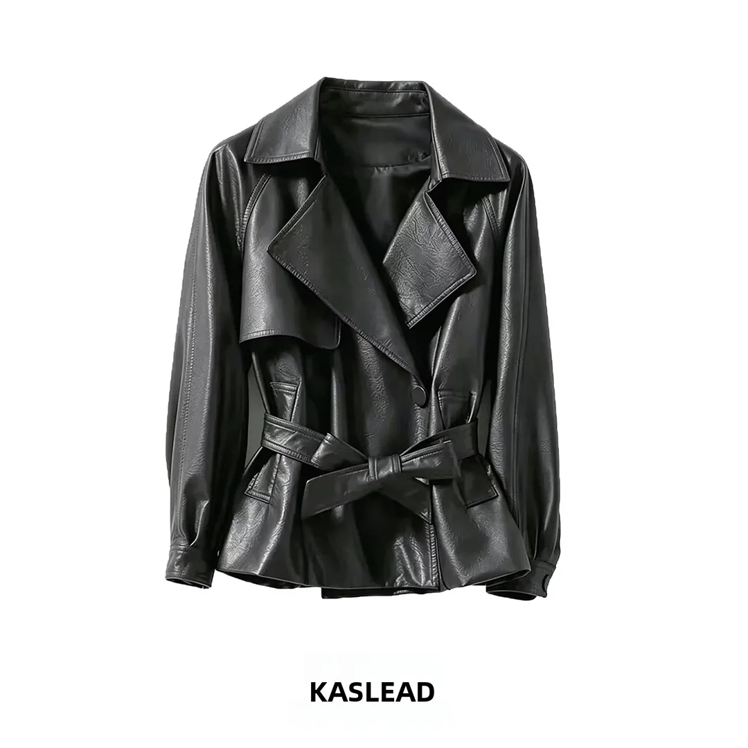 KASLEAD New Women's Fashionable Street Style Long Sleeve Waist-Cinched Suit Collar Jacket Versatile Outerwear Polyester Fiber