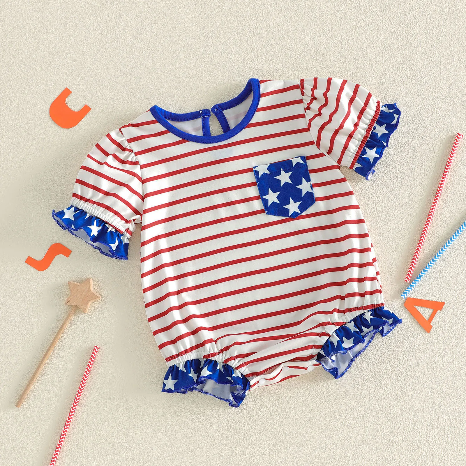 0-18M Newborn Baby Girl 4th of July Romper Striped Star Print Ruffled Trim Crew Neck Short Sleeve Infant Jumpsuit Clothes