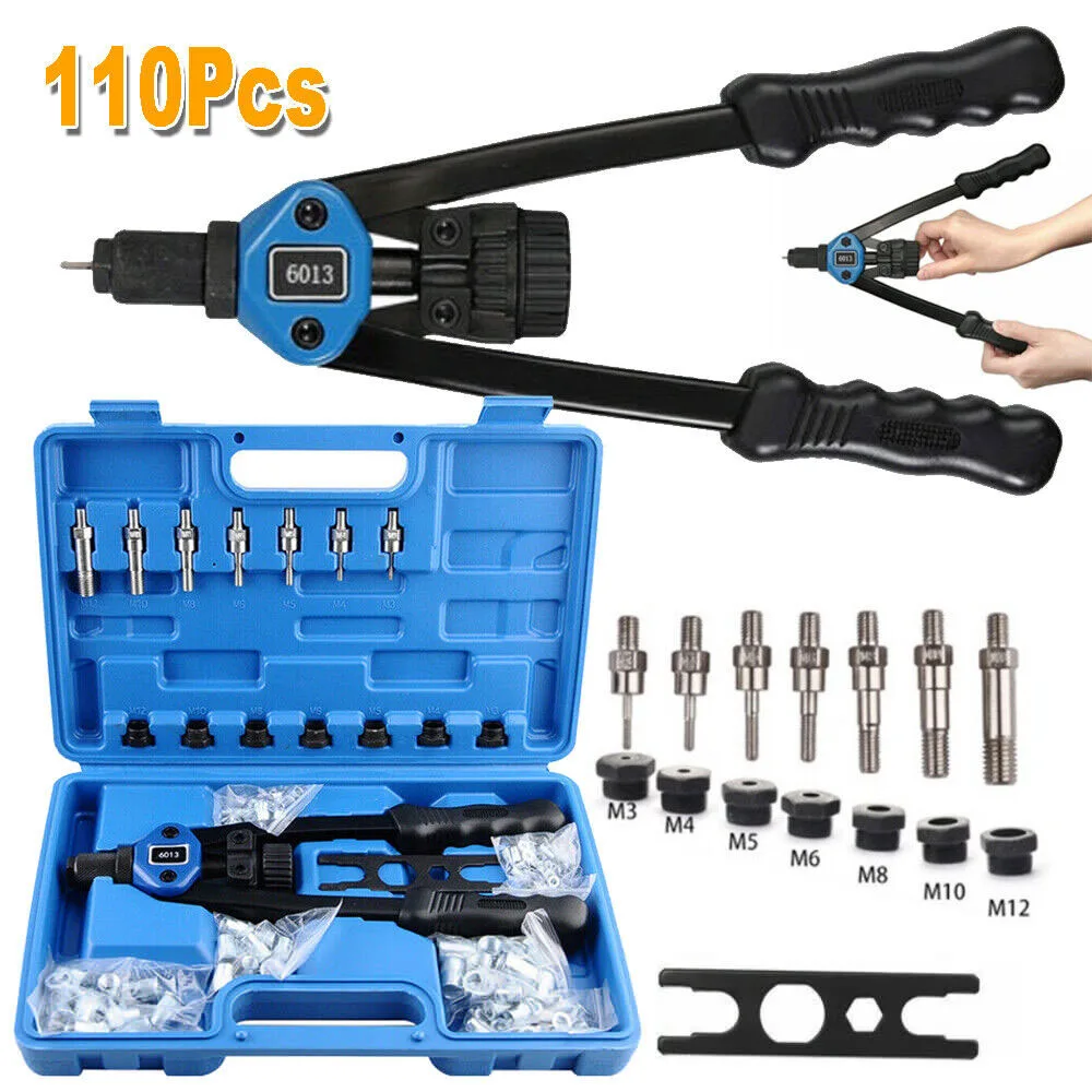 110PCS Heavy-Duty Hand Long Arm Riveter Rivnut Gun Professional Nut Riveting Tool M3 M4 M5 M6 M8 M10 M12 Kit