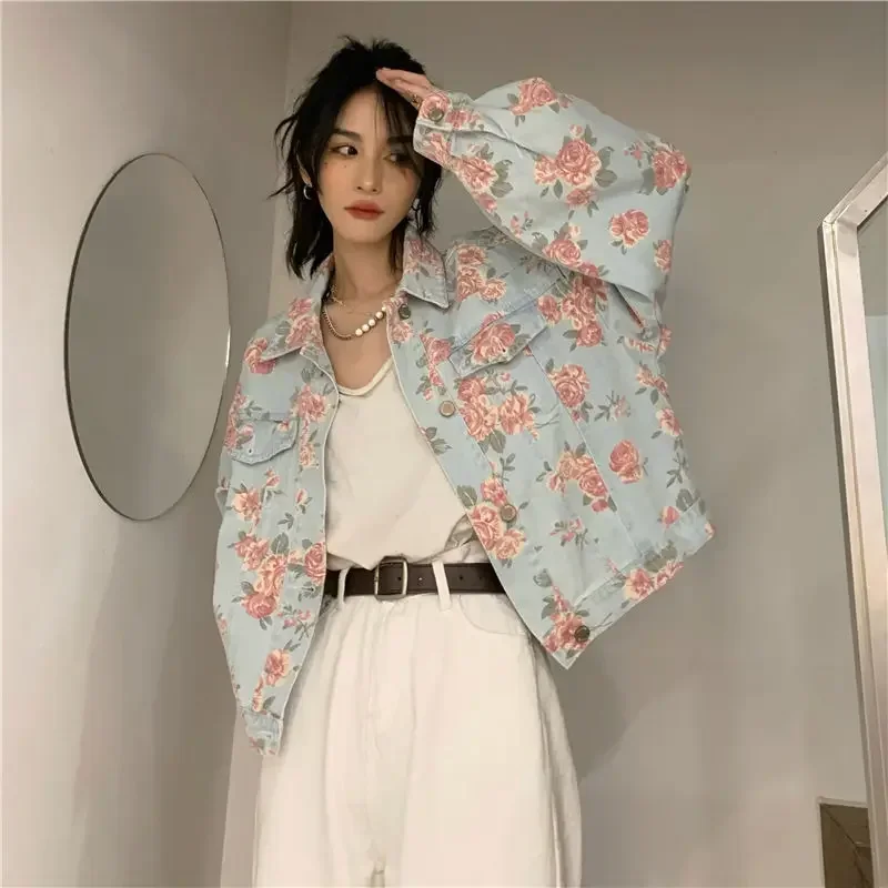 Denim Jacket for Women, Floral Retro Printing, Luxury Coat, Short Style, Loose, Ultrashort, Spring, 2021