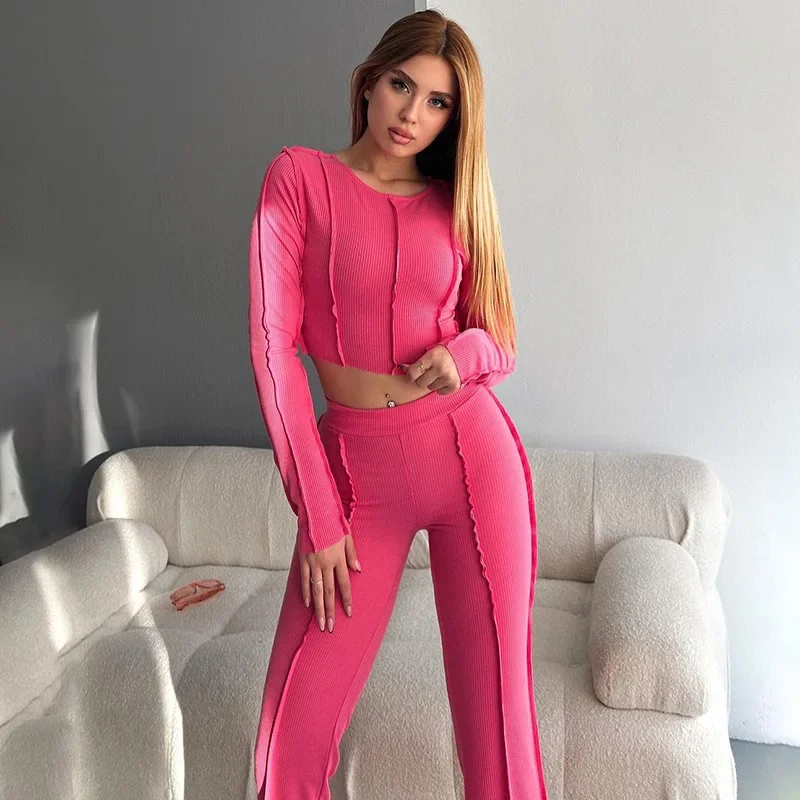 Women's Stripes Two Piece Set Pants Suits O Neck Long Sleeve Casual Suits Homewear Crop Tops Y2k High Waist Solid Colors YWFD027