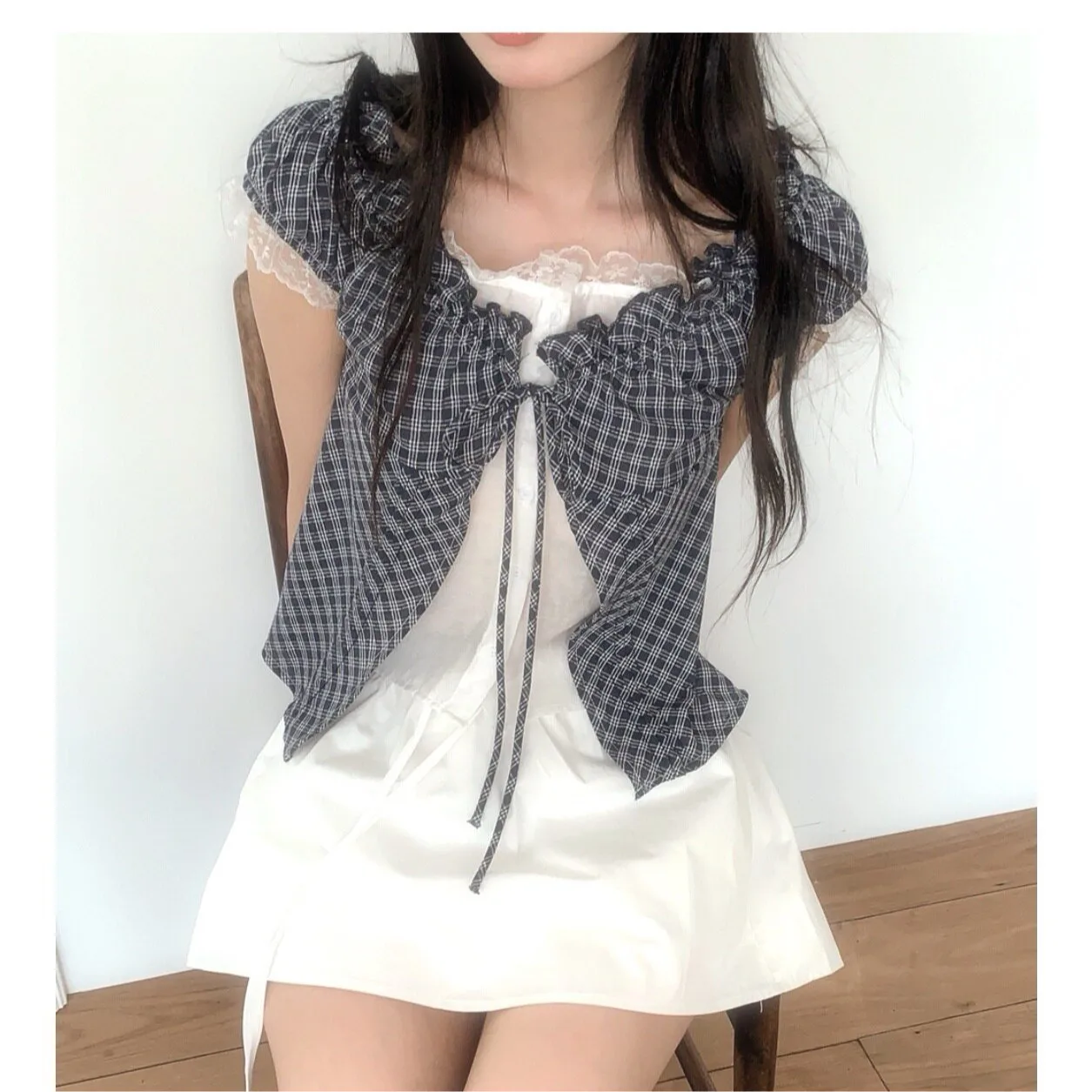 Summer New Style Retro Japanese Plaid Lace Trim Slim Fit Short Sleeve Shirt Women's Top Fashion City Walk Breathable Skin-Fri...