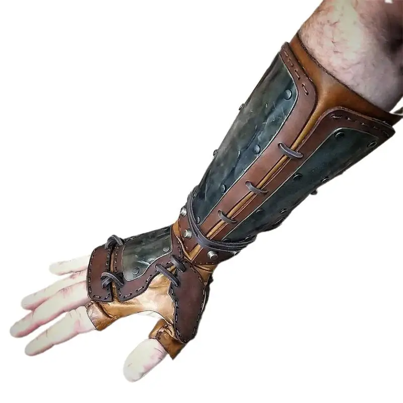 Gauntlet Wristband Adjustable Leather Bracers Long Style Knights Faux Leather Battle Arm Guard Bracers Medieval Armor Costume