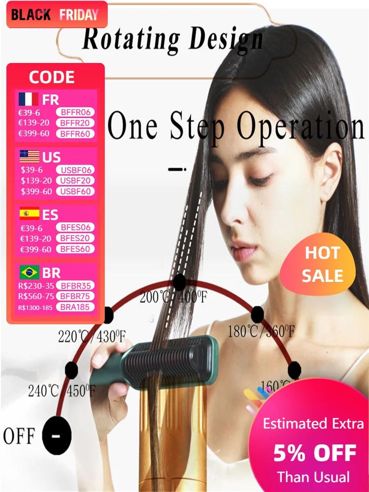 

Professional Original Rotating Hair Straightener Brush Negative Ion Fast Heating Anti-Scald Hot Comb Straightener For Hair