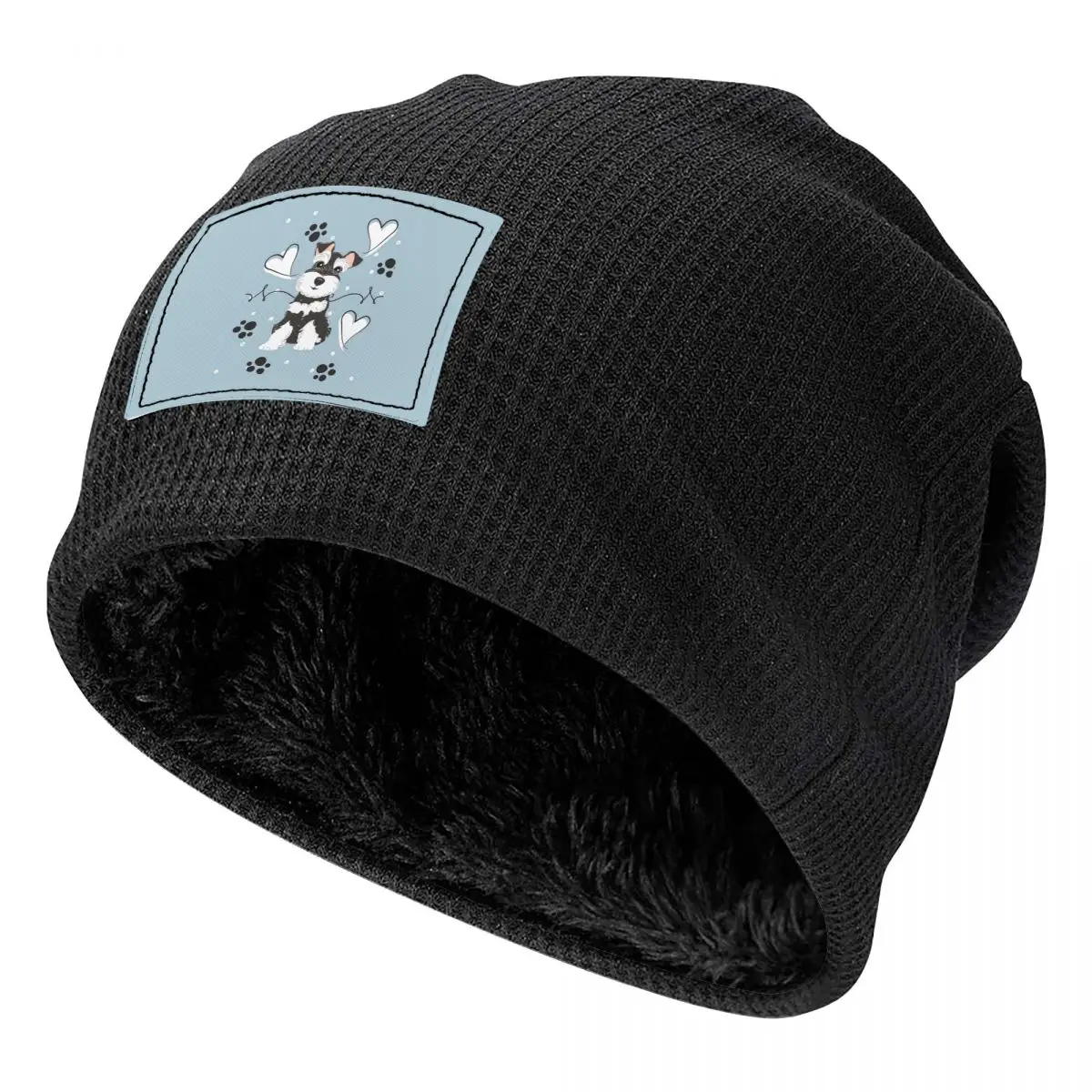 Love Black And White Miniature Schnauzer Waffle Knit Fleece Lined Beanie with PU Leather Patch Unisex Warm Winter Soft Cap