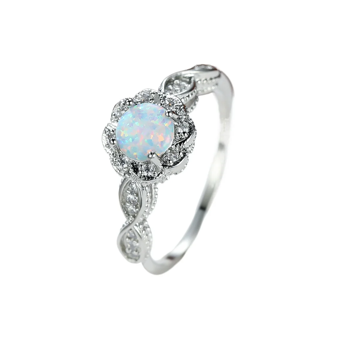 European and American Round Four Claw Australian Treasure Ring with Floral Lace and Lace Design, Personalized Jewelry
