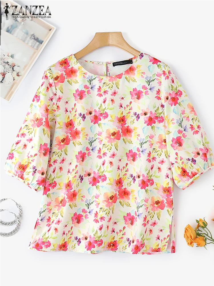 2025 ZANZEA Bohemian Women Blouse Summer Tops Fashion 3/4 Sleeve Casual Loose Shirts Round Neck Floral Printed Blusas Oversized