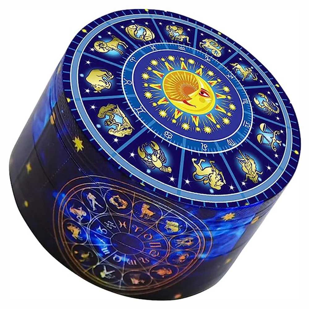 2023 New Herbal Metal Grinder Tobacco Dry Herb Cartoon LOGO 50MM Zinc Alloy Crusher Blue Astrological Zodiac Lucky Tree Sun Moon