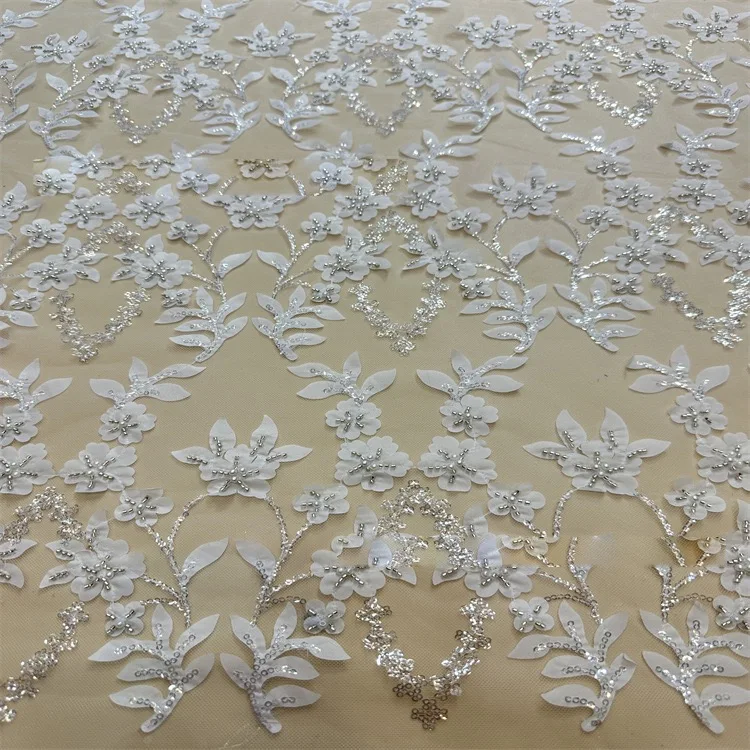 

Nicelace High Quality off white Embroidery Lace Fabrics With Full Beads and flowers For Dresses Bride Wedding Gowns Garments