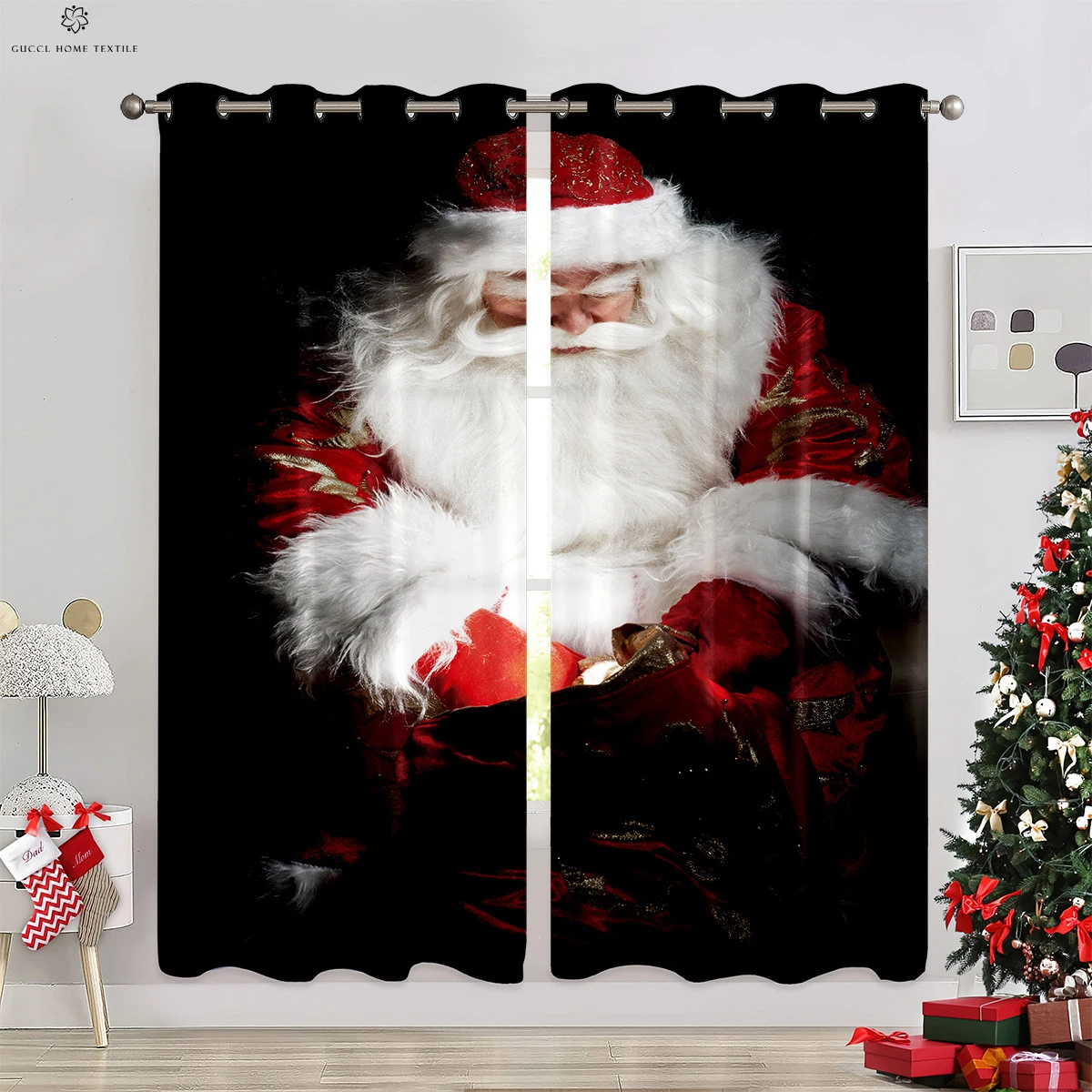 

Santa Claus Christmas Tree 3d Printing Curtains New Year Holiday Party Decoration Curtains Can Be Customized 2 Pieces