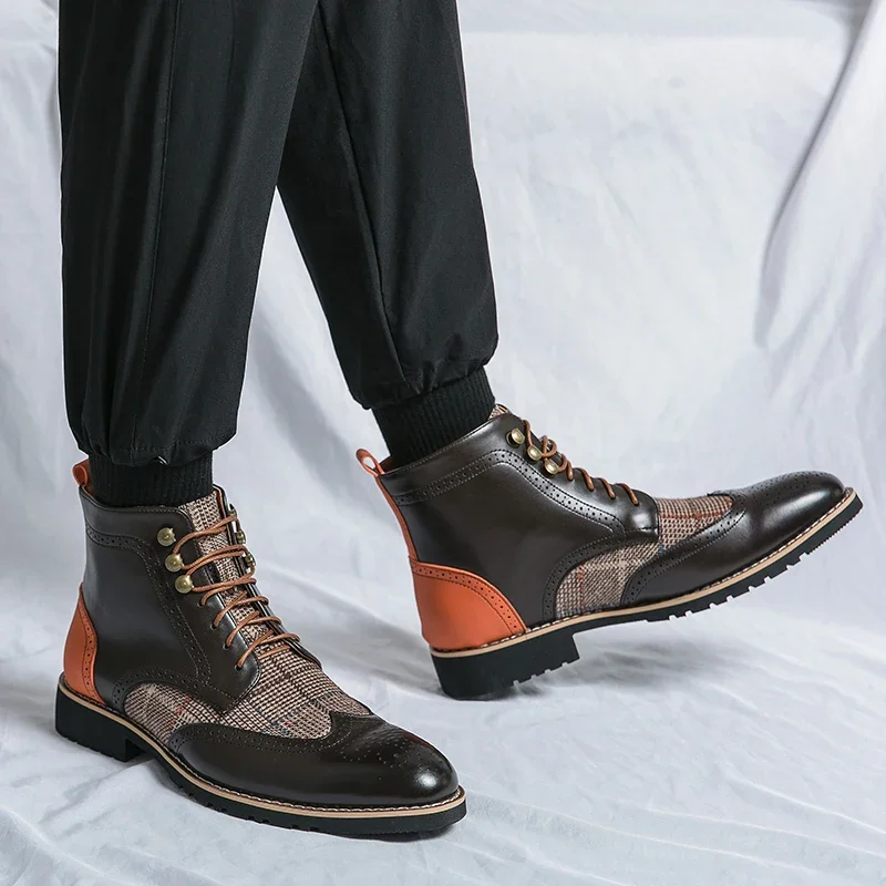 Brand Classic Brown High-top Men Dress Shoes Size 38-48 Pointed Tip Formal Shoes Men Lace-up Leather Boots for Men Vintage Boots