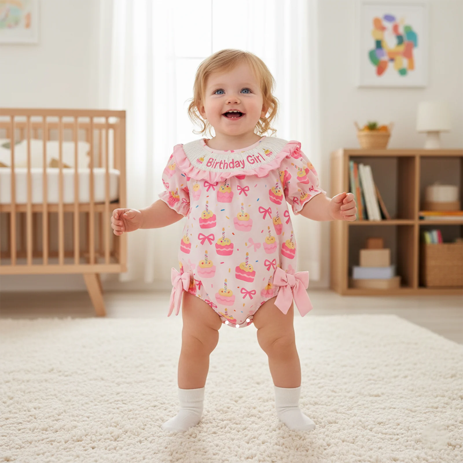 بدلة قفز لأعياد الميلاد للفتيات الصغيرات مطبوع عليها فيونكة كعكة وردية وأكمام قصيرة ورقبة دائرية مع فيونكة #5