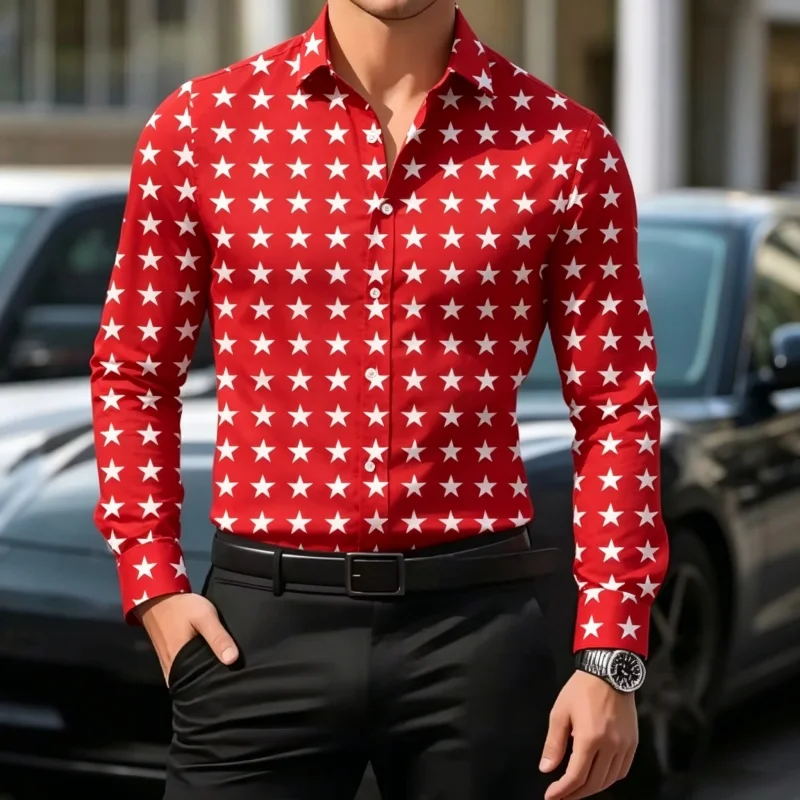 European And American Trendy Men's Classic Full Star Pattern Long Sleeve Shirt  Spring/Autumn Shiny Elastic Soft Satin Fabric Co