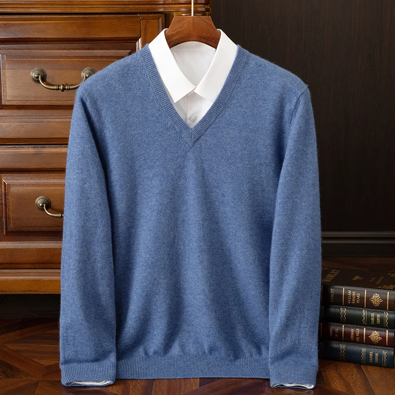 100% Cashmere Autumn Winter Multi-color Business Men V-neck Long Sleeve Pullover Sweater Smart Casual Soft Comfort Knitwear Tops
