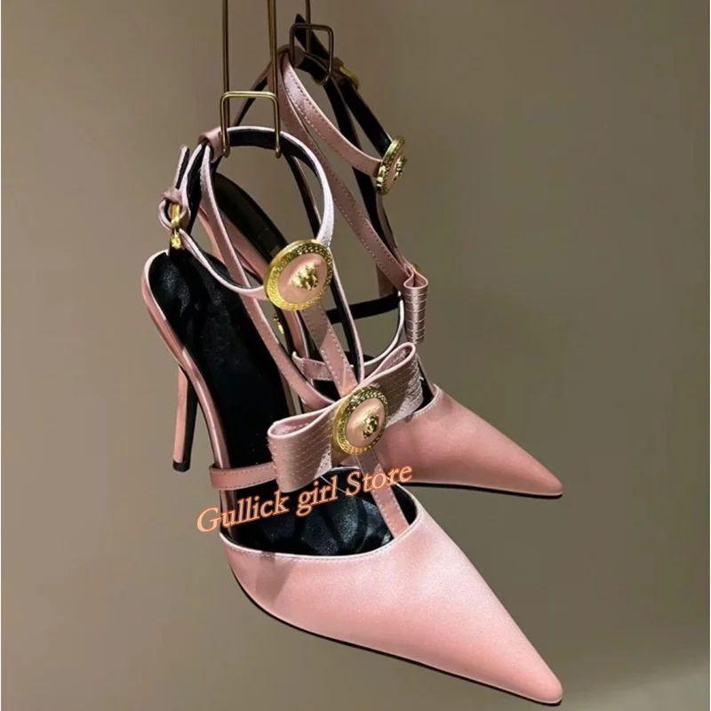

Satin T Strap Sexy Pointy Toe Pumps Stiletto Thin High Heel Buckle Strap Fashion 2024 Runway Women Dress Shoes Solid