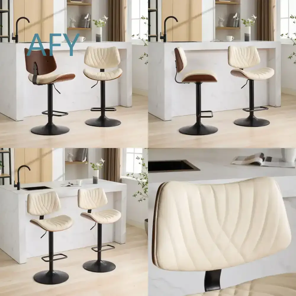 Walnut Bentwood Bar Stools for Mid Century Modern Home Bar Hotel Counter Height Adjustable 360 Swivel Leather Upholstered Bar