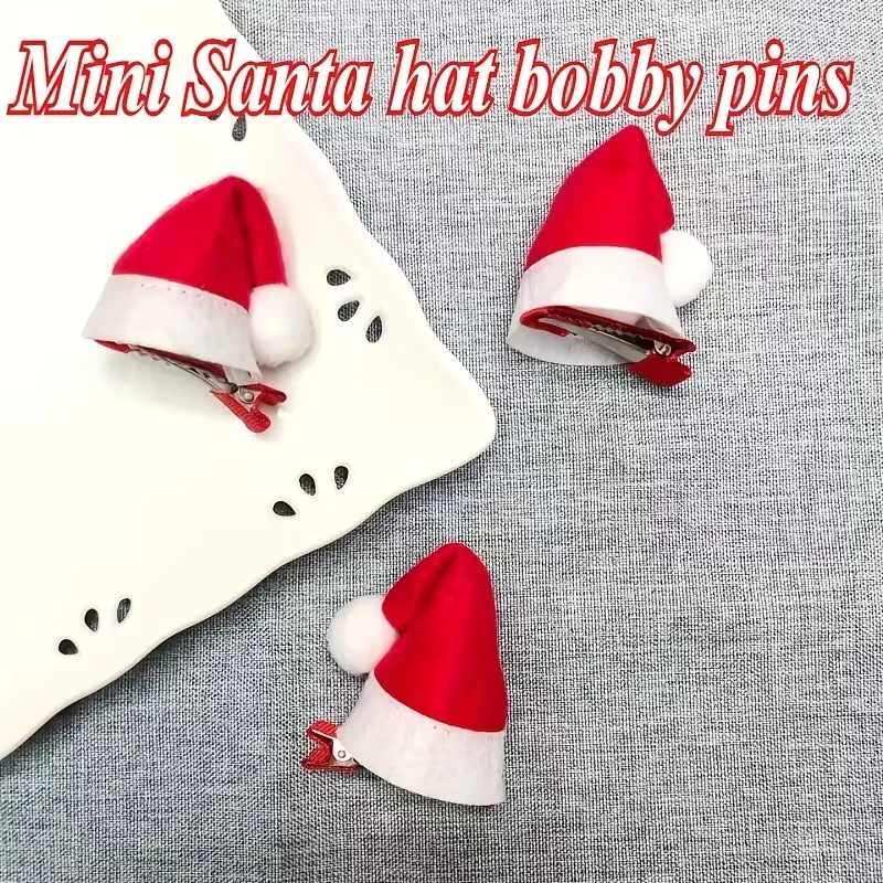 6 دبابيس شعر صغيرة على شكل قبعة سانتا كلوز لموسم العطلة، دبابيس شعر بحافة قطيفة ثلاثية الأبعاد، إكسسوارات شعر عيد الميلاد الخالية من الريش