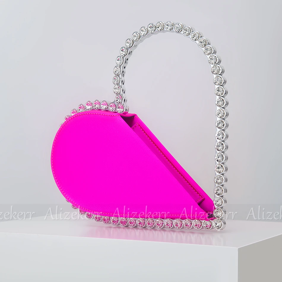 Heart Shaped Diamond Evening Clutch Bags Women New Designer Sparkling Crystal Acrylic Handle Black Satin Purse For Wedding Party