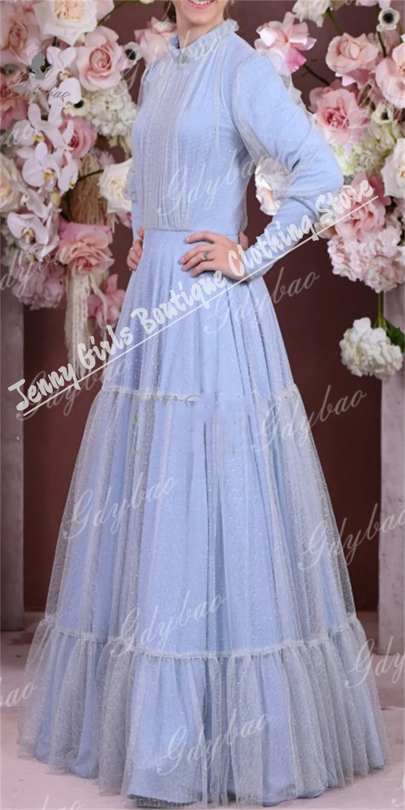 Exquisite Light Blue Long Sleeved High Neck Bridal Sister Dresses Suitable For Wedding Prom Formal Events Princess Dresses