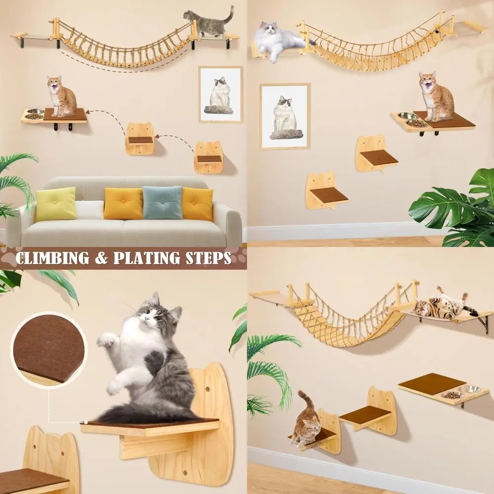 

70 Wall-Mounted Cat Bridge with Perch, Hammock, and Climbing Shelf - Wooden Cat Furniture