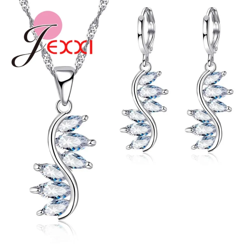 

Women Girls Elegant Crystal Flower Necklace/Earrings 925 Sterling Silver Jewelry Sets Micro Inlay Full White Zircon Stone